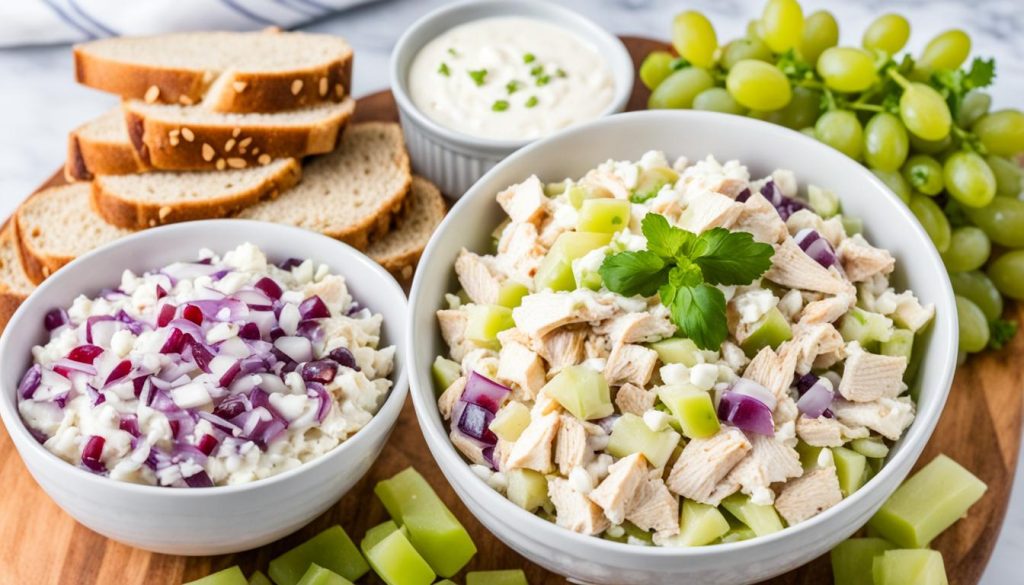 chicken salad sandwich ingredients in a mixing bowl