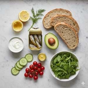 Mediterranean sardine and avocado protein sandwich on whole grain bread