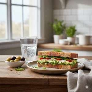 Healthy Mediterranean lunch with sardine sandwich