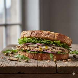 Healthy Mediterranean sardine sandwich with arugula and lemon on toasted bread"
