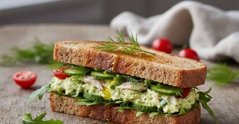 Mediterranean sardine and avocado protein sandwich on whole grain bread
