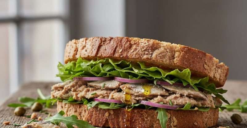 Healthy Mediterranean sardine sandwich with arugula and lemon on toasted bread"